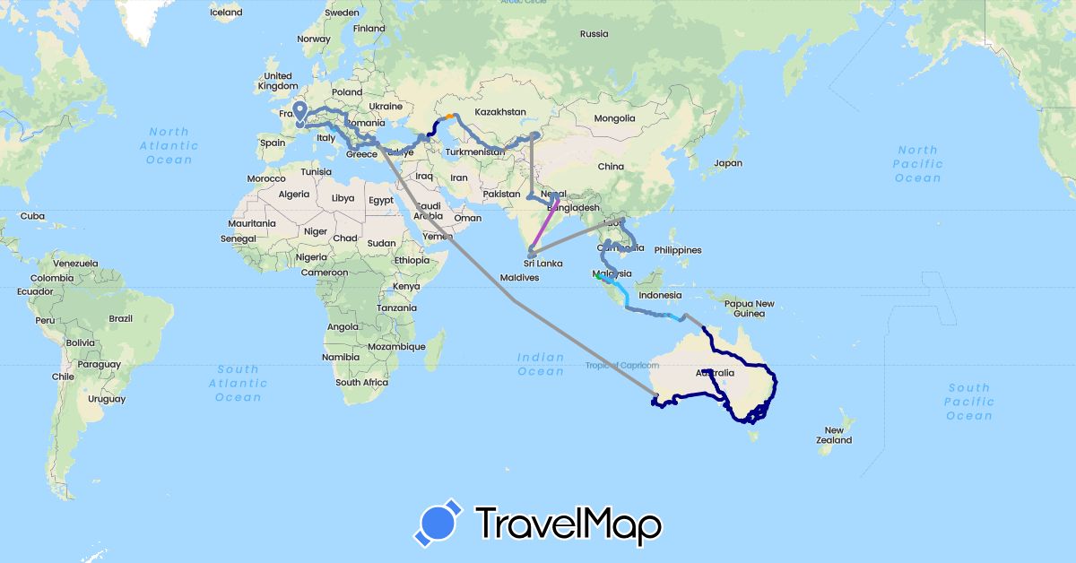 TravelMap itinerary: driving, bus, plane, cycling, train, hiking, boat, hitchhiking in Albania, Austria, Australia, Bosnia and Herzegovina, Bulgaria, Germany, France, Georgia, Greece, Croatia, Hungary, Indonesia, India, Italy, Kyrgyzstan, Cambodia, Kazakhstan, Montenegro, Malaysia, Nepal, Romania, Serbia, Russia, Singapore, Slovenia, Slovakia, Thailand, Tajikistan, East Timor, Turkey, Uzbekistan, Vietnam (Asia, Europe, Oceania)