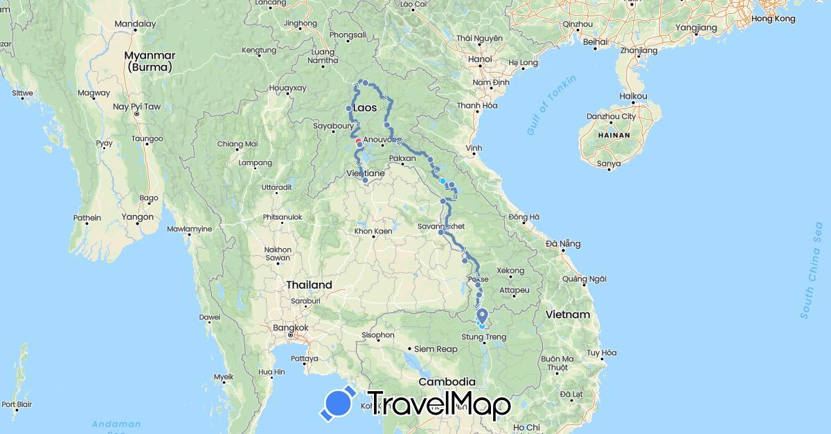 TravelMap itinerary: cycling, hiking, boat in Laos (Asia)