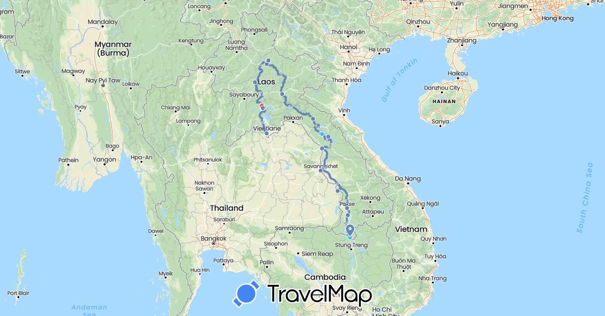 TravelMap itinerary: cycling, hiking, boat in Laos (Asia)
